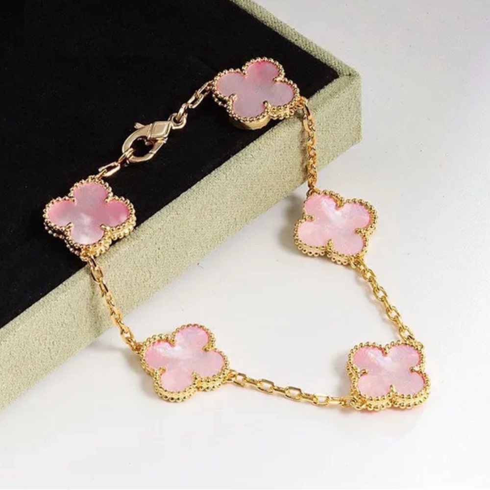 Van Cleef Gold-Tone Bracelet with Pink Clover Charms